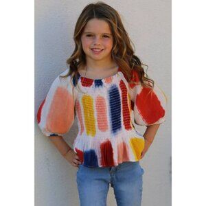 Colorful Smocked Puff Sleeve Top For Girls Small